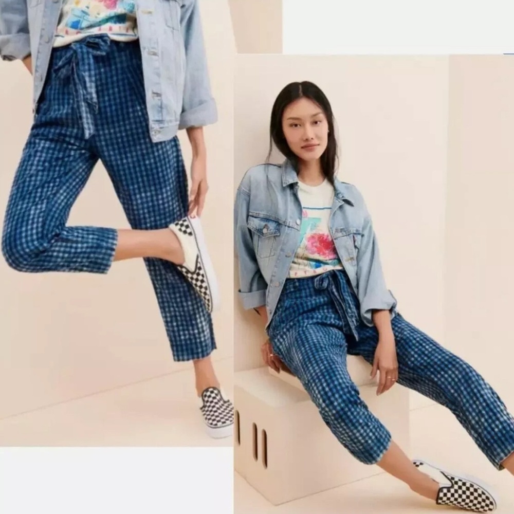 Anthropologie Maeve Avryl Bleached Blue Checkered Plaid Pants Size 8